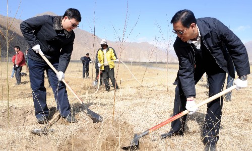 3月11日，北京援藏干部在拉萨河谷植树。 当日，在拉萨市工作的50多名北京援藏干部来到堆龙德庆县羊达乡，进行植树活动，创建“援藏林”。 
新华社记者 索朗罗布 摄